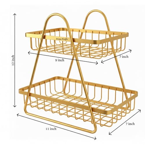 Image of 2 Tier Metal Fruit and Vegetables Basket with Handle|Fruit Vegetables Snacks and Bread Organizer for Kitchen, Dining Table, Livingroom|Bathroom Countertop Basket Stand - Gold
