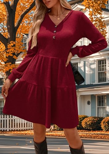 Kate Kasin Women's Long Sleeve Sweater Dresses 2025, Ribbed Knit V Neck Dress, Fall Winter A Line Babydoll Dress with Pockets3