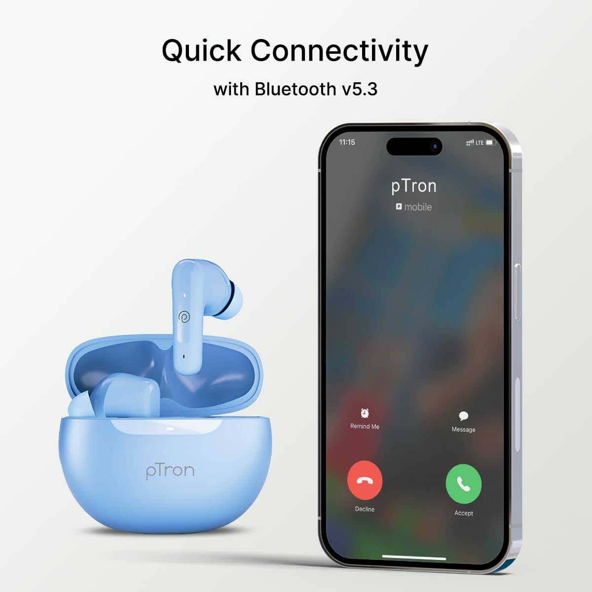 pTron Bassbuds Astra in-Ear TWS Earbuds w/Stereo Sound, 50Hrs Playtime, Stereo Calls, Custom EQ, Mobile App, BTv5.3 Headphones, Touch Control, Voice Assistant, Type C Charging & IPX4 (Light Blue) — Amazon image 8