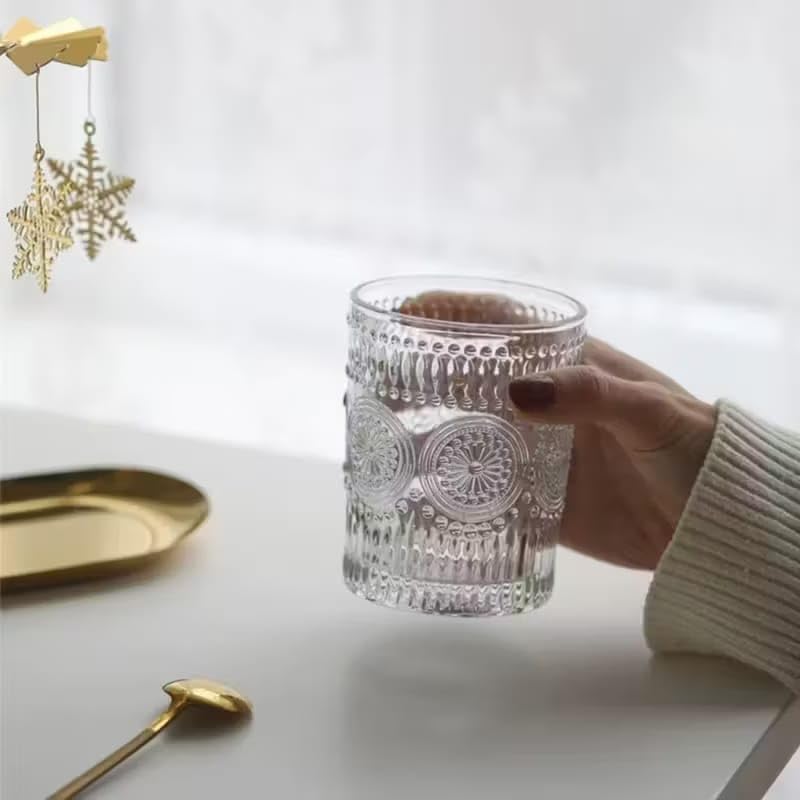 Image of PrimeWorld Glass Embossed Designed Romantic Premium Tumbler Water Glasses - Set of 6, 300ml | Perfect for Whiskey, Juice, Cocktails, Beer & Beverages | Elegant Drinkware for Home, Bar & Parties