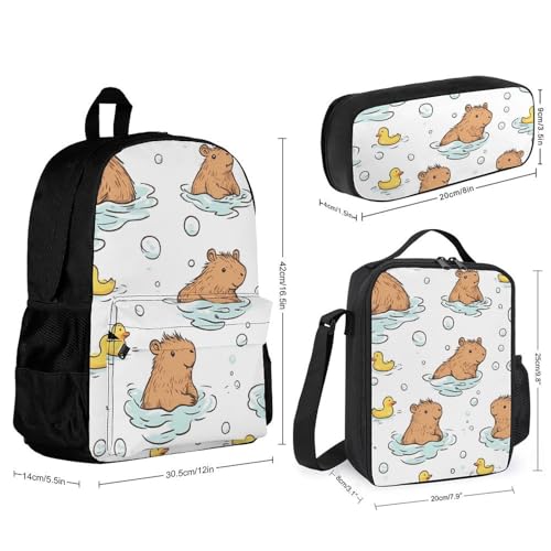 Capybara Rubber Ducks Backpack 3 Set with Lunch Bag Insulated Shoulder Meal Tote Bags Pencil Case Box Casual Daypack2