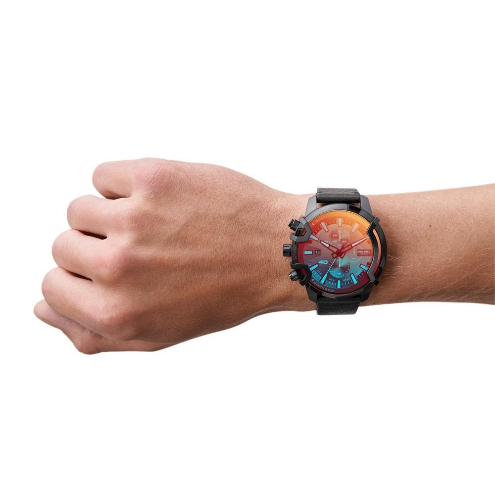 Diesel Griffed Stainless Steel and Leather Chronograph Men's Watch, Color: Black (Model: DZ4519)