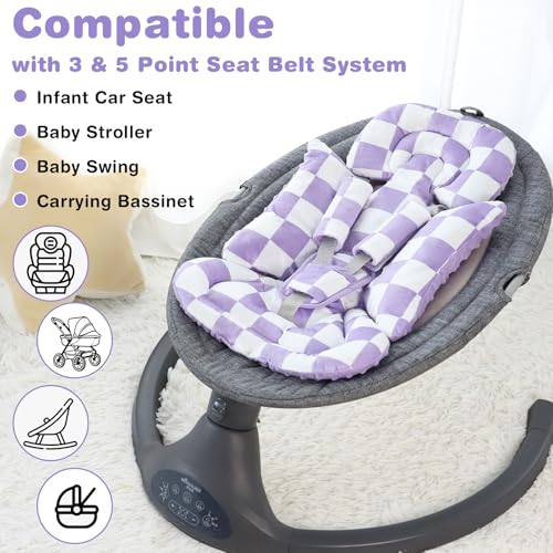 Image of DILIMI Infant Car Seat Insert, Baby Car Seat Head Support with 3 Strap Paddings, Soft Newborn Car Seat Cushion for Stroller, Swing, Bouncers, Purple Checkered