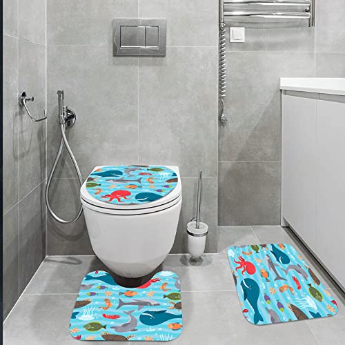 URSOPET Badteppich-Set 3-teilige, rutschfeste,Blaues Tier Meereslebewesen Wal und Hai Delfine Oktopus buntes Ozeanwasser… – Bild 3