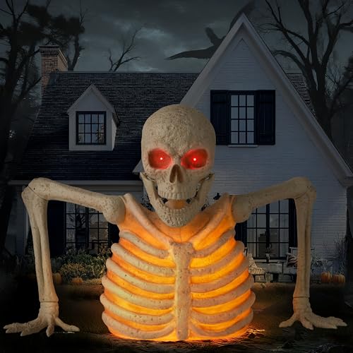 JOYIN 3.4Ft Halloween Groundbreaker Skeleton Decor Outdoor, Light Up Giant Skeleton Graveyard Halloween Decor Outside with Spooky Voice, Infrared Sensor, Scary Haunted House Props Lawn Yard Patio