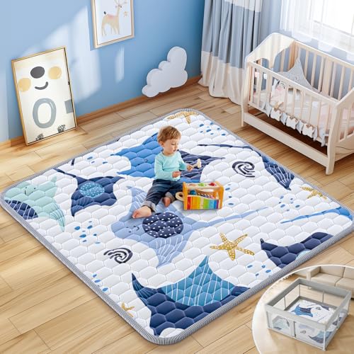 Image of Omzer Baby Play Mat, 50x50 Inch Thick & Soft Cushioned Playmat for Playpen, Non-Slip Floor Mat for Crawling Infants & Toddlers with Safety Silicone Backing, Machine Washable - Blue