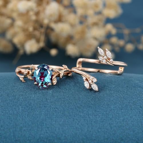 1ct 1.5ct 2ct Gemstone Wedding Ring Set - Oval Cut Gem Bridal Sets Wedding Rings White Yellow Rose 10K 14K 18K Gold Leaf Style Anniversary Promise Ring Set for Women3