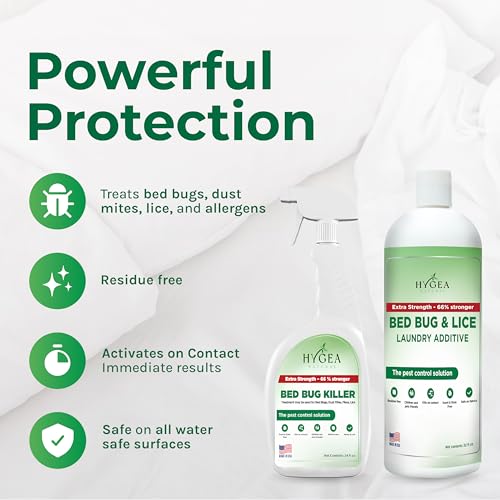 Image of Hygea Natural Bed Bug & Lice Extra Strength Elimination Duo - Includes 24 oz Lice & Bed Bug Spray & 32 oz Laundry Additive - environmentally responsible Formula - Pest Control for Home & Travel | Includes spray, laundry additive, and /or refill. Child, Pet and Eco Friendly Odorless Formula