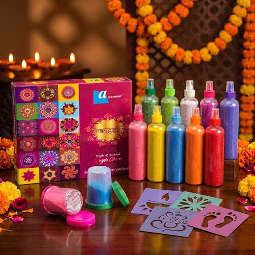 Best Navratri Home Decoration Items (2026) 66 Ascension 10 Rangoli Powder Colors Bottles 4 Stencils and 2 Fille...