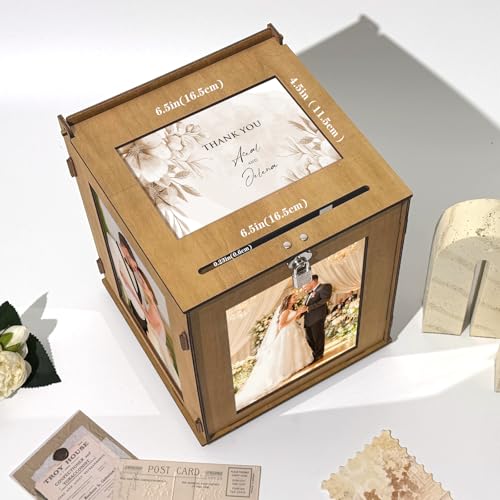 Image of OurWarm Wooden Wedding Card Box with Picture Frame, Large Gift Card Box for Wedding Reception, Rotatable Envelope Money Card Box for Party Graduation Birthday Baby Shower Wedding Decorations
