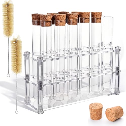 Akamino 12 Pcs Glass Test Tubes with Rack 25ml Clear Lab Test Tube with Cork Stoppers & Acrylic Holder12 Holes Tubes Rack Kit for DIY Craft Experiments Decorations - 2 Clean Brush