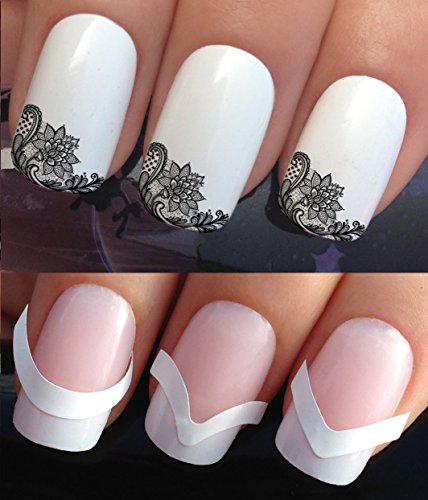 WATER NAIL TRANSFERS DECALS STICKERS ART SET #656 & 172.plus x48 nail tip guides!! x12 FRENCH TIPS BLACK LACE FLOWERS TA