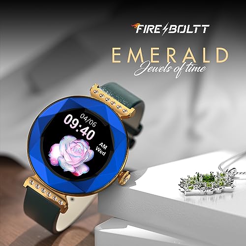 Image of Fire-Boltt Emerald Gemstone-Studded Diamond Cut Smart Watch 27.68mm (1.09 inch) HD Display, Multiple Sports Modes, Health Suite, Wireless Charging, IP68 with Additional Stainless Steel Strap (Blue)