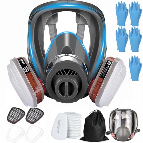 SGIXBE Full Face Respirator Mask Reusable with Replaceable Filters Anti-fog Black Silicone for Welding Spray Painting Chemical Handling (Full Face+10 filter+5 Gloves)
