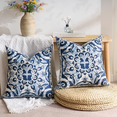 Vintage Royal Blue Boho Linen Pillow Covers Set of 2 for Living Room Sofa