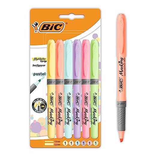 BIC Highlighter Grip Pastel Marcadores de Punta Biselada Regulable - Colores surtidos, Pack de 6 subrayadores pastel, Óptimo para Material Escolar y de Oficina