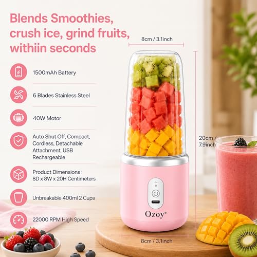 Image of Juicer for Home ^ CITRODA Juicer Mixer Grinder with 1500mAh Battery, 6 Blades 3Gears Fast Blending, 2-Jar Capacity (400ml*2) | 40 Watts Bullet Rechargeable Portable Personal Juicer (Pink)