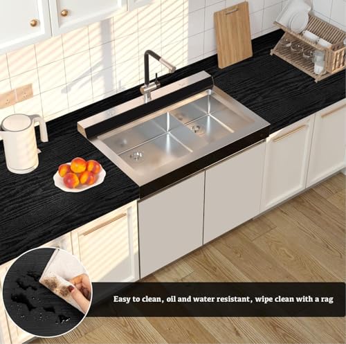 Image of CREON Black Wood Grain Contact Paper Peel and Stick Wooden Look Self-Adhesive Wallpaper for Cabinets Countertops Shelf (Black Wood, 12X50 in)
