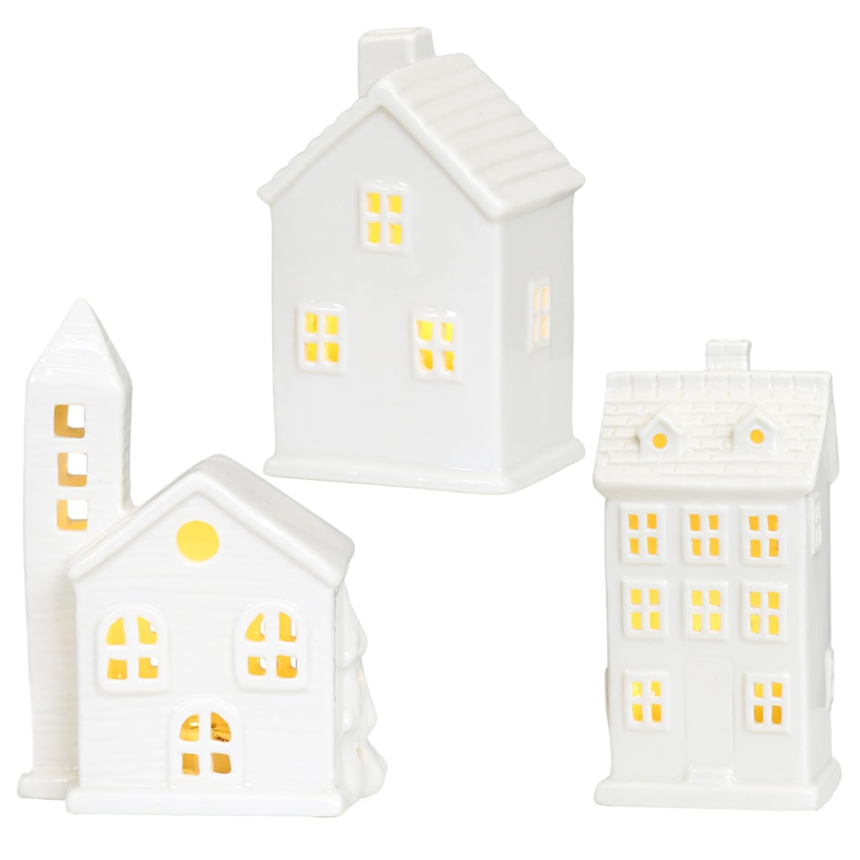 Figuras de Pueblo navideño, 3 Piezas, Conjuntos de Pueblo navideño, casa de cerámica Blanca, casa con luz LED de Porcelana para decoración, exhibición de Mesa para el hogar