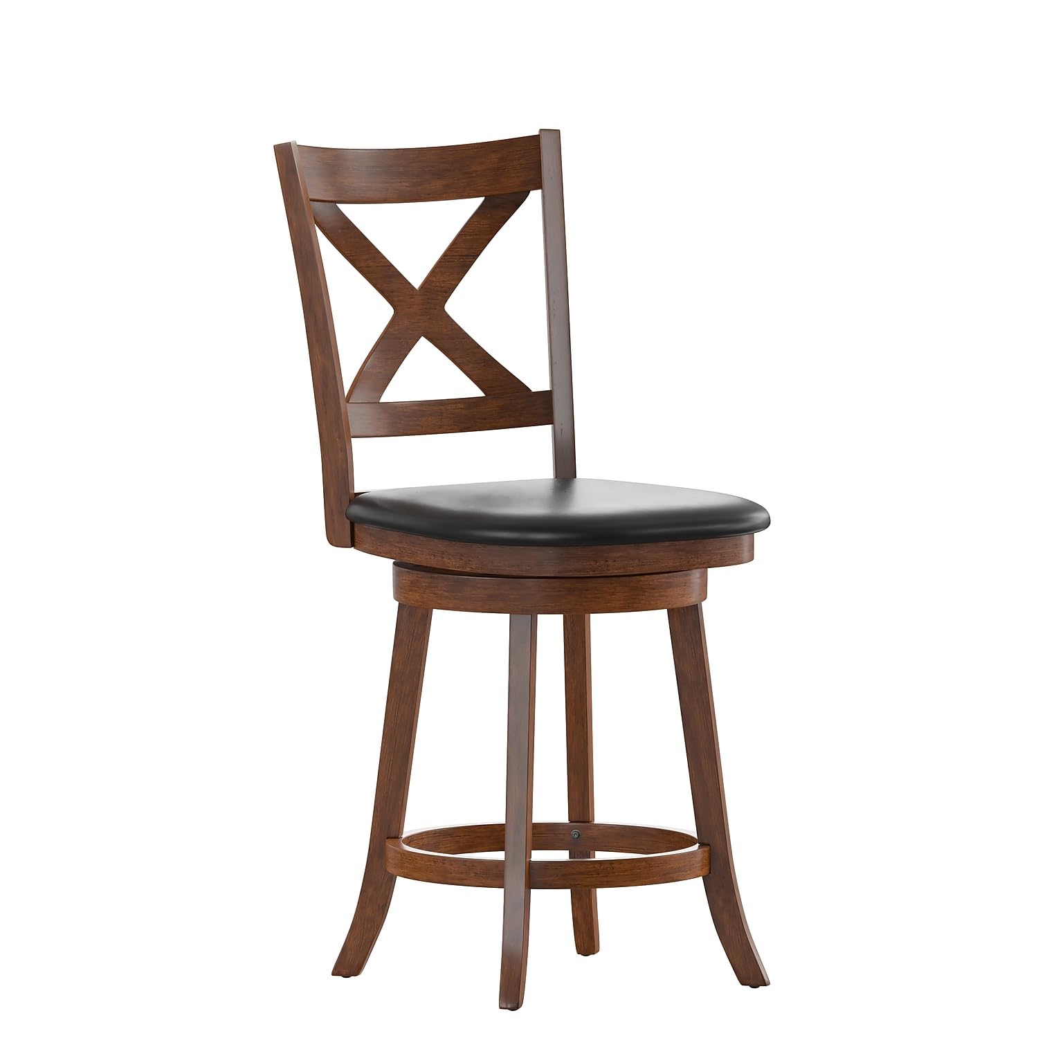 Flash Furniture Felicity Commercial Classic Crossback Barstool - Antique Oak Wood Frame - Black LeatherSoft Seat - Counter Height - 360° Swivel Seat - Footrest