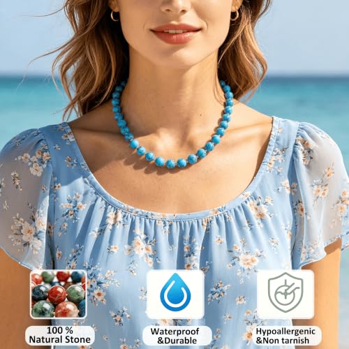 Image of GINAZL Natural Stone Beaded Choker Necklace for Women, Chunky Multicolor Gemstone Handmade Necklace, Boho 12MM Bead Summer Beach Jewelry Gifts for Women