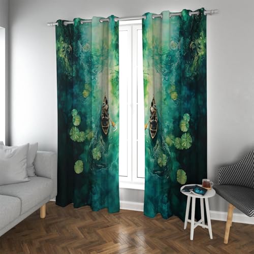 UIRINGART Nenúfar verhojas Cortinas Viaje en Canoa ensueño Oscurecimiento Cortina privacidad Cortinas Ventana escénicas tranquilas para la Sala Estar del Dormitorio 2 Paneles H210xB132