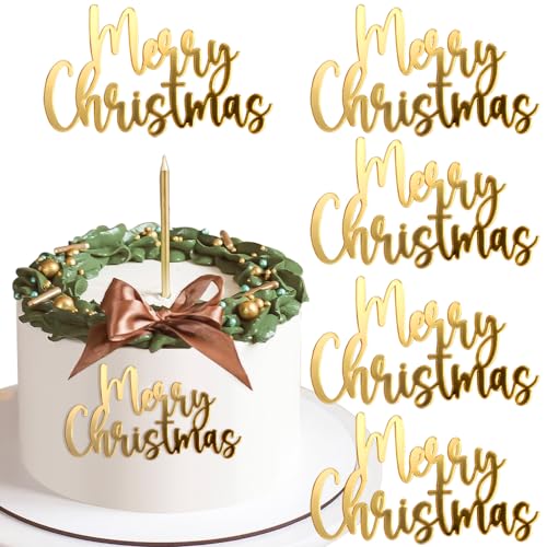 Ruiydz RYZ0070 Mirror Gold Merry Christmas Cake Toppers Acrylic Cake Topper Christmas Cake Decorations Merry Christmas Cake Topper Xmas Cake Decor Side Cake Decoration Cake Decorating Kit Party Supplies Cake Tools cover