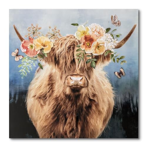 Hand-Painted Highland Cow Canvas Wall Art, Lovely Cow With Flower
