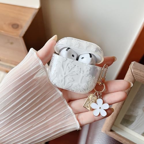 Image of MINSCOSE for AirPods 4 Clear Case,Cute Flower Floral Aesthetic Design with Floral Keychain, Soft TPU Protective Shockproof Case for Women Girl for Airpods 4-White
