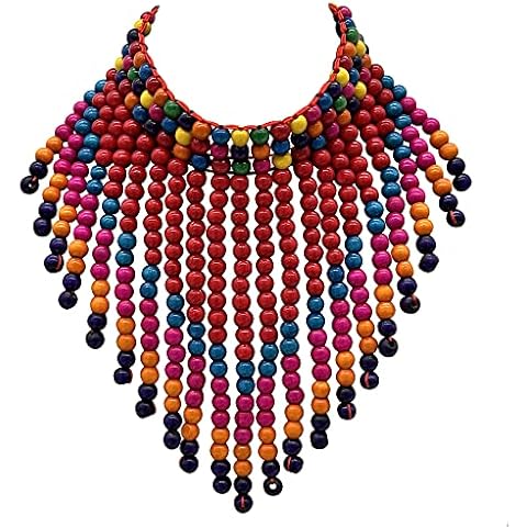 JHWZAIY Statement African Jewelry Chunky Colorful Wood Beaded Necklaces For Women Strands Big Bib Choker Collar Multi Color Layered Cluster Tassel Wooden Bead Necklace Handmade Fashion Costume Cover