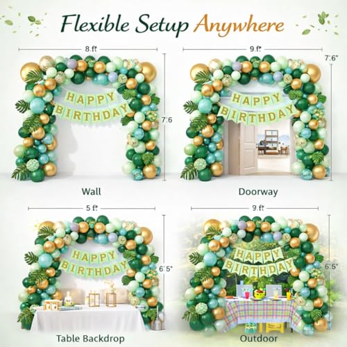 Image of Rozi Decoration Green and Gold Balloon Arch Birthday Decoration Kit with Happy Birthday Paper Banner | Jungle Theme Party Decoration Set for Home, Kids and Adult Celebrations Pack of 56 Pcs