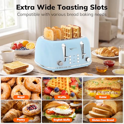 Image of Keenstone Toaster 4 Slice, Retro Stainless Steel Wide Slot Toaster with Dual Independent Controls, 6 Browning Levels, Bagel, Defrost, Reheat & Cancel, Removable Crumb Tray, Blue