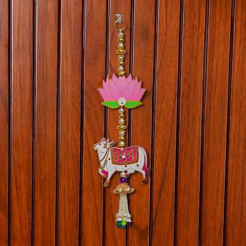 Image of CraftVatika Pichwai Cow with Lotus Wall Hanging Latkan for Door Wall Decoration, Diwali Decor Items, Diwali Decoration for Home, Festival Decorations Items, Pichwai Cow Hanging- 15 Inch,1 Pair