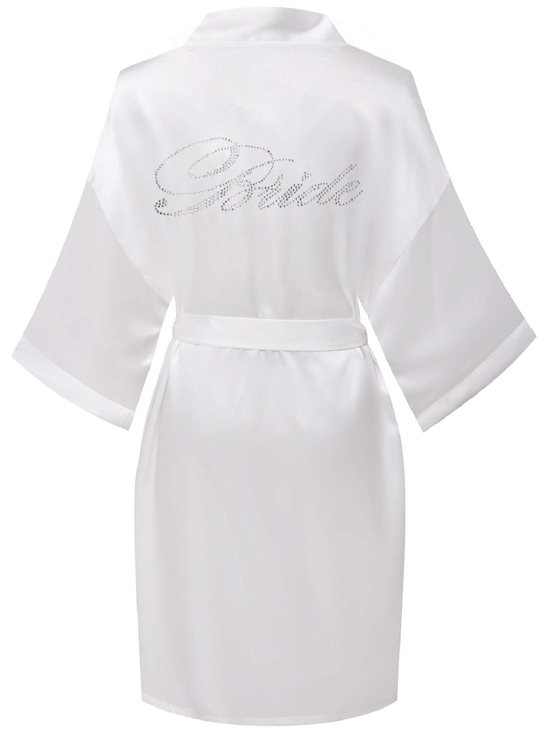 goodmansamWomen's Short Satin Kimono Robe with Silver Rhinestones Bride Bridesmaid Bathrobe for Wedding Party Getting Ready