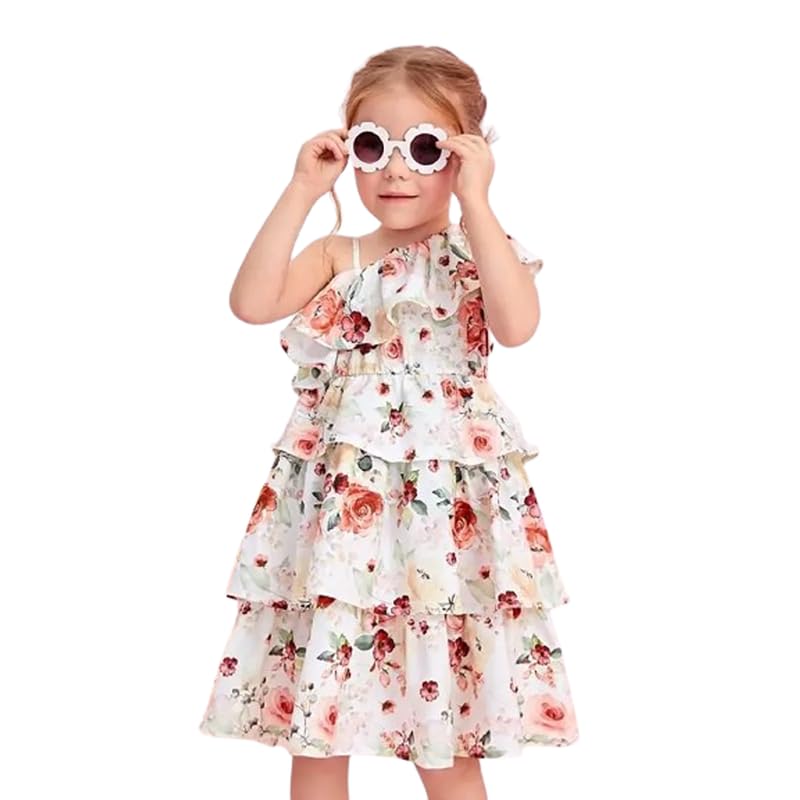 STYLECONNECTROCKDOVE Floral Printed Multipattern one Shoulder Strap Sleeve Baby Frock (ROCKDOVE, 4-5Y) White