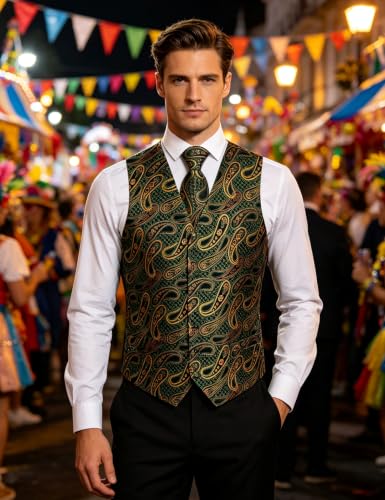 Image of DiBanGu Mens Vest and Tie Set Formal Paisley Waistcoat and Necktie Pocket Square Cufflinks Silk Suit Vest for Tuxedo Wedding