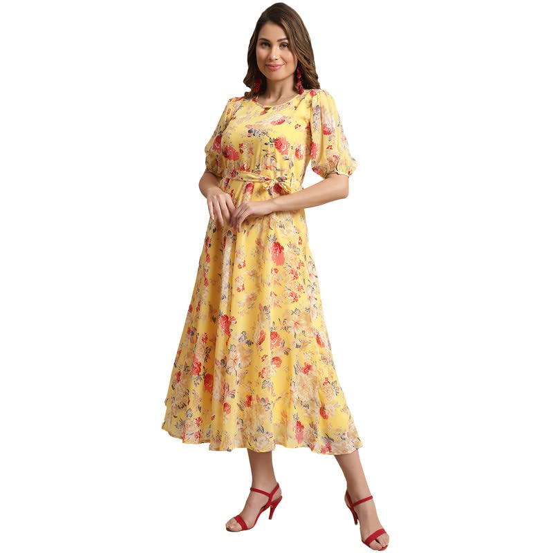 Preneum Women Fit & Flare Latest Style Print Georgette Regular Sleeves Casual Summer Maxi Dress | Festival & Occasion, Yellow, 2Xl