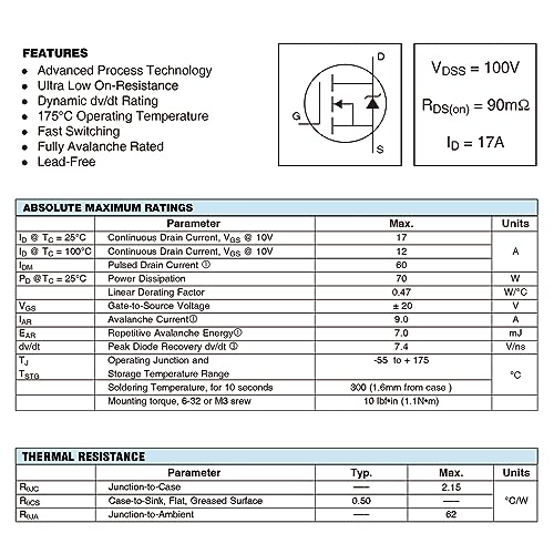 Image of IRF530 MOSFET Transistors 17A 100V IRF530N N-Channel Power Transistor 17 Amp 100 Volt TO-220 (Pack of 10Pcs)