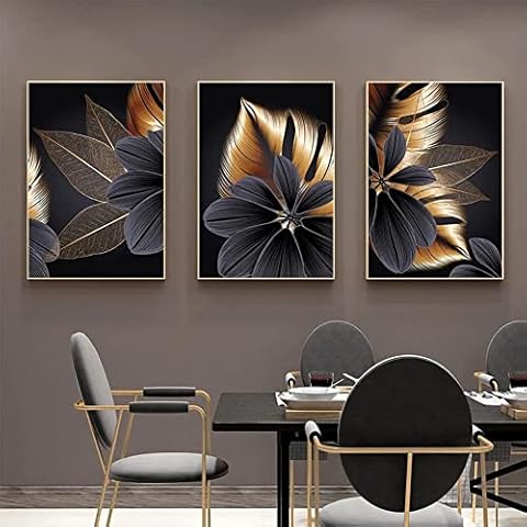 Set of 3 Canvas Wall Art Painting - Modern Abstract Black Golden Leaf Plant Nordic Decorative Artwork for Bedroom Kitchen Living Room Home Decor No Frame Cover