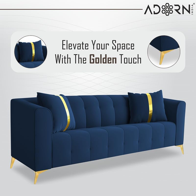 Image of Adorn India Premium Mystic - 3 Years Warranty - 3+1+1 Sofa Set Velvet Suede Fabric - Blue