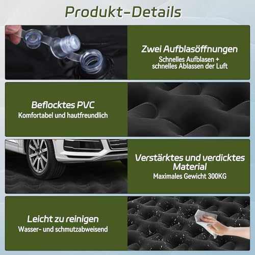 YOOHBERRYS Auto Matratze, 182 * 144cm SUV Auto Luftmatratze mit Luftpumpe, 2 Kissen, Verdickte Beflockung Aufblasbare Auto Bett Kofferraum für Camping Reisen Outdoor (B)