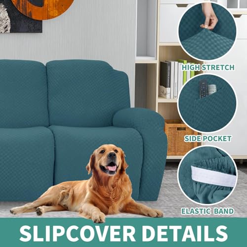 Image of YEMYHOM 8 Pieces Stretch Recliner Sofa Cover Jacquard Reclining Couch Cover with Side Pocket Anti-Slip Fitted 3 Cushion Furniture Slipcovers with Elastic Bottom (Recliner Sofa, Peacock Blue)