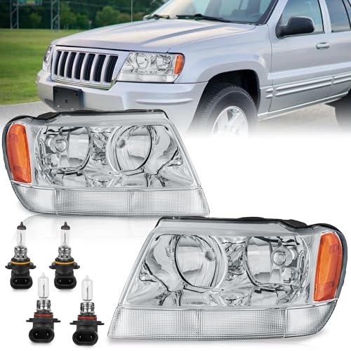 KUIPERAUTO Headlights Assembly Compatible for 1999-2004 Jeep Grand Cherokee Chrome Housing Amber Reflector Front Headlamp Driver and Passenger Side