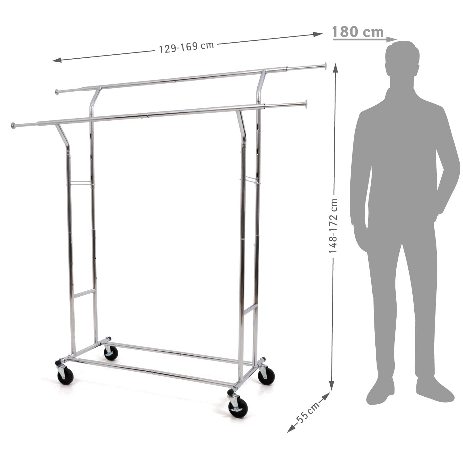 Tatkraft Denver - Burro Ropa, Doble, Burro Ropa Resistente, 110 kg Capacidad, Montaje Fácil - 1 min, Perchero Robusto, con Ruedas, Acero Cromado