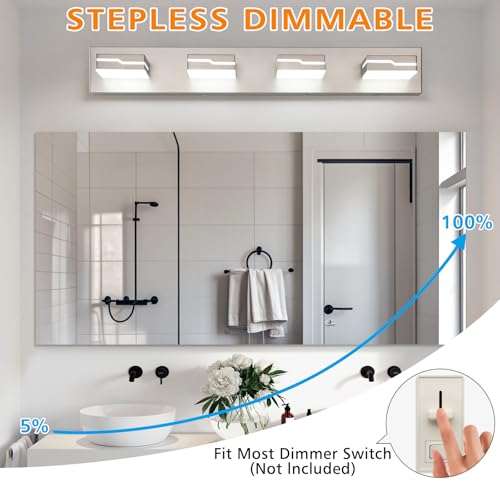 Image of LED Modern Bathroom Vanity Light Fixtures 4-Light, 25.5 inch Dimmable Nickel Vanity Lights for Bathroom Lighting Fixtures Over Mirror, with 350Rotatable Acrylic Heads(White Light 5500K)