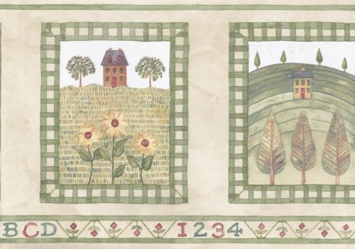 Wallpaper For Less BT77724 Farm Houses Wallpaper Border, Cream Green