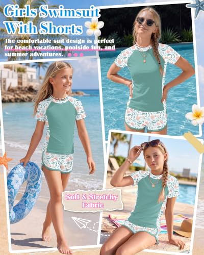 Image of Xaatren Girls 2 Piece Rash Guard Swimsuit | Quick Dry Bathing Suits, Short Sleeve Floral Beach Swimwear, Summer Tee and Boyshort Sets, Protection, Hawaiian, 7-16 Year