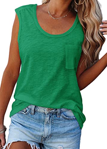 Yexipo Womens Scoop Neck Tank Tops Sleeveless Summer Casual Loose Fit Blouses Shirts Tank Top With Pocket Green #TOP1