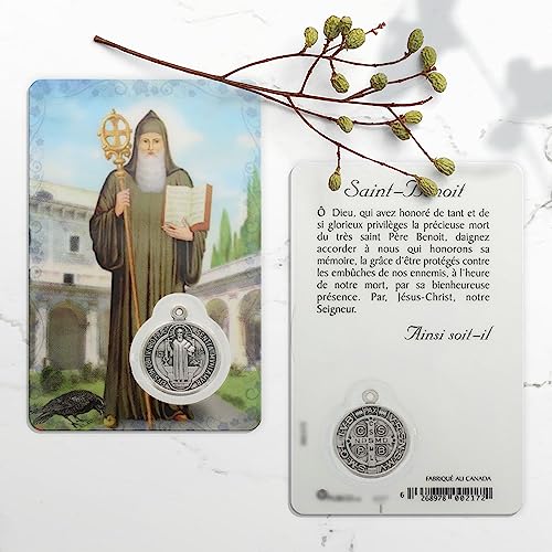 Tarjeta de oración de San Benito con medalla   Imagen religiosa   Culto cristiano católico de Plástico