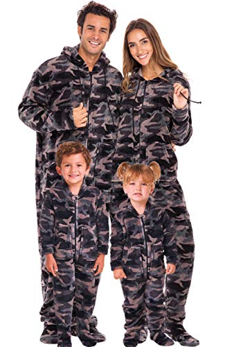 Alexander Del Rossa Women's Warm Fleece One Piece Footed Pajamas, Adult Onesie with Hood, Large Black Gray Camouflage Footed (A0322ACSLG)